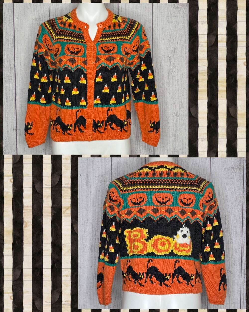 Vintage 90s Lauren Hansen Halloween Sweater Hand Knit Black Cat Ghost BOO, Small